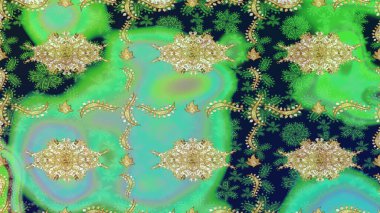 Süslü dekorasyon. Raster illüstrasyonu. Damask altın soyut çiçek deseni yeşil renkler üzerine çizim.