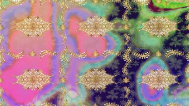 Antika altın tekrarlanabilir duvar kağıdı. Tarafsız renklerde altın element. Barok tarzında altın çiçekli süs. Şam çizimi tekrarlanan desen.