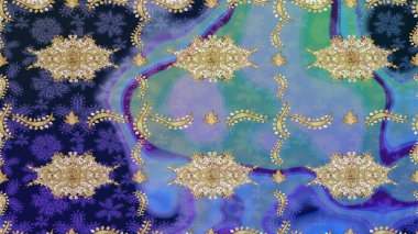 Doğu tarzı arabesk. Çizim altın desenli bukleler. Altın elementli mavi renkler. Raster illüstrasyonu. Raster altın desen.