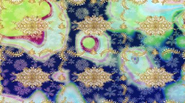 Kraliyet lüksü, altın barok kumaş rengi eskiz. Raster eskiz deseni altın antika ortaçağ dekoratifi, yapraklar ve altın desenli süslemeler tarafsız renklerde..