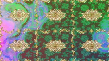 Soyut bir arkaplan çiz. Raster illüstrasyonu. Oriental raster klasik yeşil ve altın desenli.