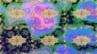 Klasik altın desenli eskiz. Altın elementli mavi renklerde altın eskiz deseni. Raster illüstrasyonu. Tekrarlayan ögelerle soyut arkaplan Raster.