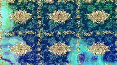 Çizim altın desenli bukleler. Raster Golden eskiz kalıbı. Mavi renkte çizim deseni. Doğu tarzında altın elementler arabesk.