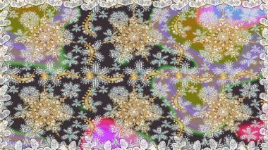 Geleneksel oryantasyon süsü. Klasik klasik klasik arka plan. Gri renklerde, altın elementlerle kusursuz desen. Raster illüstrasyonu. Kusursuz klasik raster altın desenli.