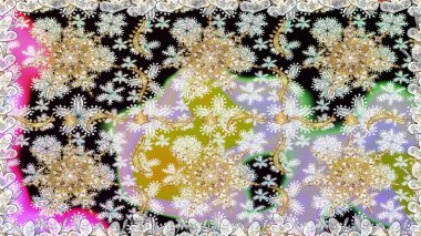 Tarafsız renklerde Royal retro. Raster illüstrasyonu. Kusursuz desenli altın elementler. Altın şablon. Klasik çiçek dokusu. Kart, duvar kağıdı, ambalaj, tekstil için klasik tasarım.