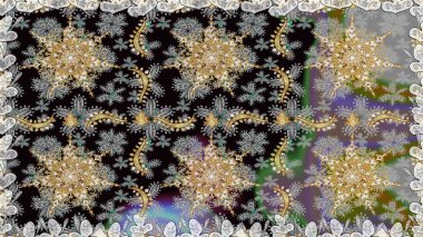 İslam tasarımı. Kusursuz desenli oryantal süs. Gri renkli ve altın elementli altın desenli. Raster altın tekstil baskısı. Çiçek karoları.