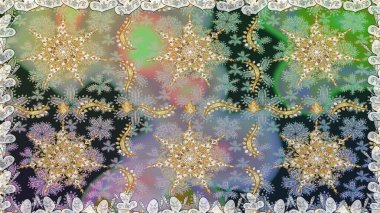 Doğum günü kartı, davetiye ya da afiş için iyidir. Raster illüstrasyonu. Kusursuz ortaçağ çiçek deseni. Gri renklerde altın. Dekoratif simetri arabesk.