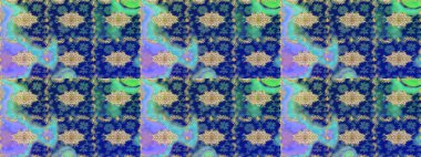 Raster illüstrasyonu. Dekoratif simetri arabesk. Ortaçağ çiçek desenini çiz. Mavi renkte altın. Doğum günü, davetiye ya da afiş için tebrik kartı.