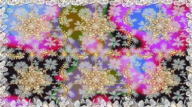 Raster illüstrasyonu. Süslü dekorasyon. Damask altın soyut çiçek gri renklerde pürüzsüz desen.