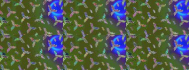 Raster illüstrasyonu. Kış kar tanesi, raster arka plan. Yüzey için tekrarlanan doku, ambalaj kağıdı, yeşil, mavi ve mor renkler. Renkli arka planda izole edilmiş güzel kar taneleri.