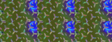 Raster illüstrasyonu. Kış kar tanesi, raster arka plan. Yüzey için tekrarlanan doku, ambalaj kağıdı, yeşil, mavi ve mor renkler. Renkli arka planda izole edilmiş güzel kar taneleri.