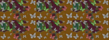 Kahverengi arka planda kelebek desenli çizim. Raster illüstrasyonu. Kumaş, kağıt, ambalaj kağıdı ve duvar kağıdı tasarımı için sevimli bir arkaplan.