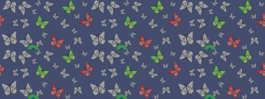 Robot resim. Davetiye, kart ve parmak izi için basit kadınsı bir model. Raster illüstrasyonu. Mavi arka planda kelebek.