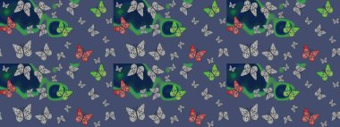 Mavi kelebekler. Robot resim. Kumaş, kağıt, ambalaj kâğıdı ve duvar kağıdı tasarımı için harika bir arka plan. Egzotik hayvanlar. Raster illüstrasyonu.