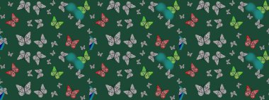Yeşil üzerine güzel bir kelebek kumaşı çizimi. Bahar Kelebeği teması. Giysi kumaşı için böcek dokusu parçası tekrarlanıyor. Raster illüstrasyonu. Çizim, karalama, karalama. Sonsuz.