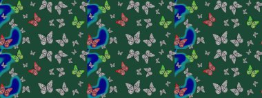 Çiz, çiz, çiz. Raster illüstrasyonu. Yeşil renkli tropik kelebek çizimi. Basit bir şekilde. Kelebek resmi..