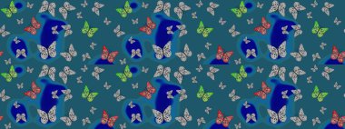 Mavi renkte bir resim. Soyut eskiz arka planı. Raster. Kelebek deseni. Moda Kumaşı Tasarımı.