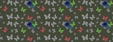 Raster illüstrasyonu. Yeşil kelebek deseni. Giysi tasarımı için dekor arka planı. Parmak izi dokuları için sevimli kelebek çizim deseni.