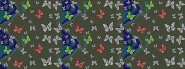 Robot resim. Raster illüstrasyonu. Yeşil soyut arka planda gece kelebekleri. Kumaş, tekstil, baskı ve davetiye.