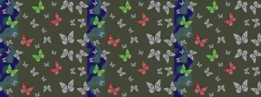 Raster illüstrasyonu. Kızlar, erkekler, elbiseler, duvar kağıtları için soyut çizim kalıpları. Farklı yönlere uçan renkli kelebek koleksiyonu..