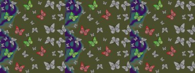 Raster illüstrasyonu. Renkli kelebeklerin eskiz geçmişi. Yeşil üzerinde sevimli kelebekler. Ambalaj kağıtları ve duvar kağıtları için güzel bir arkaplan, kumaş tasarımı, kağıt..