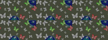 Duvar kağıdı için böcek dokusunun tekrarı. Bahar Kelebeği teması. Raster illüstrasyonu. Yeşil lekeli güzel kelebek kumaşı dokusu..