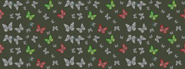 Giysi tasarımı için yeşil arka planda geleneksel Raster halk çiçekleri dekoru. Kart, baskı ve davetiye için basit şirin bir desen. Nakış, egzotik kelebeklerle süslü çiçek çizimi deseni..