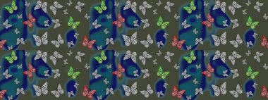 Raster. Kelebek deseni. Yeşil arka planda bir resim. Kumaş, tekstil, baskı ve davetiye örnekleri. Çizim.
