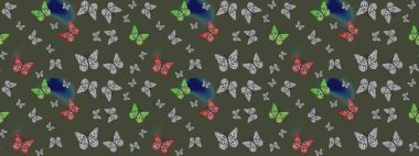 Basit bir şekilde. Yeşil renkte soyut sevimli kelebek. Raster illüstrasyonu. Taslak şablon arkaplanı.