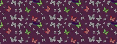 Kumaş, kağıt ve ambalaj için uygun. Parlak Butterfli 'nin eskiz geçmişi. Uçan güvelerle çok renkli bir arka plan çiz. Raster. Güzel renkli kelebekler kaotik bir şekilde kahverengi renklerde uçarlar.