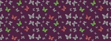 Fantezi sevimli illüstrasyon. Kahverengi arka planda suluboya kelebekler. Erkekler, kızlar, elbiseler, duvar kağıtları için soyut çizim kalıbı. Raster illüstrasyonu.