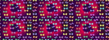 Raster illüstrasyonu. Renkli kelebeklerin eskiz geçmişi. Giysi tasarımı için mor arkaplan üzerine dekorasyon.