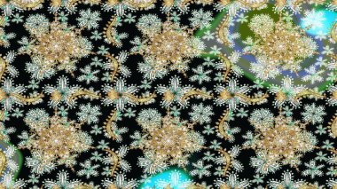 Kusursuz damaske klasik altın desen. Altın elementlerle siyah renklerde altın pürüzsüz desen. Tekrarlayan elementlerle soyut arkaplan oluşturun. Raster illüstrasyonu.