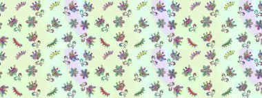 Çiçek ve yapraklı çiçek deseni. Raster illüstrasyonu. Küçük çiçekli şirin desen.