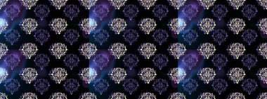 Siyah, mor ve mavi renklerde, altın elementli klasik, dikişsiz desen. Raster illüstrasyonu.