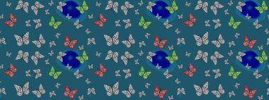 Raster illüstrasyonu. Renkli kelebeklerin eskiz geçmişi. Giysi tasarımı için mavi arkaplanda dekor.