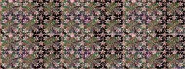 Raster illüstrasyonu. Eski usul. Kumaş, tekstil, duvar kağıdı baskısı için. Renkli desenli, yeşil çiçekli ve dekoratif elementli kusursuz desen. Kusursuz arkaplan.