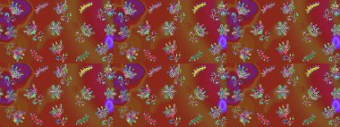 Parlak renkli çiçekleri ve kahverengi, kırmızı ve mor renkte yaprakları olan şaşırtıcı, pürüzsüz çiçek deseni. Moda baskıları için zarif bir şablon. Modern çiçek arkaplanı. Halk stili.