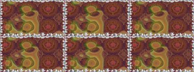 Raster illüstrasyonu. Raster çiçekleri klasik tarzda çizilmiş. Kahverengi renklerde bahar çiçekleri. Çiçekli, pürüzsüz desen.