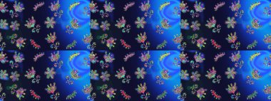 Kumaş, tekstil, duvar kağıdı baskısı için. Eskiz geçmişi. Miles Fleur, süslü püslü bir süs. Eski usul. Raster illüstrasyonu. Tomurcukları papatya çiçekleri olan sevimli bir çiçek deseni..