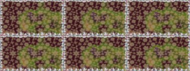 Eski moda arka plan. Şablon, pürüzsüz, çiçekli kenar. Raster illüstrasyonu. Güzel, parlak, pürüzsüz kumaş, tuval. Kıvırcık, parlak örgü. Çiçeklerin çelengi.