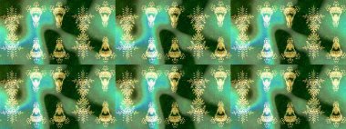 Raster illüstrasyonu. Kar tanelerinin soyut arkaplanlı Noel şablonu. Noel ve yeni yıl moda baskıları için tatil tasarımı. Yeşil, mavi ve nötr kar taneleri.