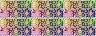 Altın elementlerle nötr renklerde altın desen. Çiçek kiremitleri. Raster altın tekstil baskısı. İslam tasarımı. Kusursuz desenli oryantal süs.