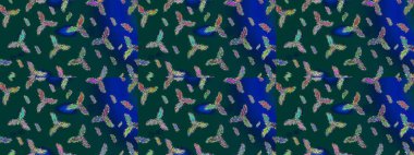 Raster illüstrasyonu. Kar tanesi raster deseni. Mavi, yeşil ve mor renkli kar taneleri. Renkli arka planda izole tatlı kar taneleri.