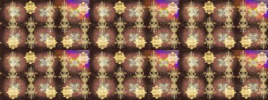 Kar tanelerinin soyut arkaplanlı Noel şablonu. Kahverengi, bej ve sarı kar taneleri. Raster illüstrasyonu. Renkler. Noel ve Yeni Yıl moda baskıları için tatil tasarımı.