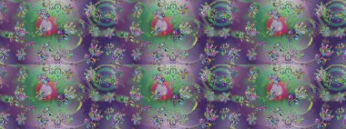 Kusursuz çiçek deseni. Raster illüstrasyonu. Asya tekstil tarzında. Yeşil, mor ve nötr renklerde çiçekler. Renkli Bahar Temalı Kusursuz Arkaplan. Düz Çiçek Elementleri Tasarımı.