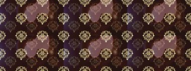 Doku arka planında altın duvar kâğıdı. Damask kusursuz yinelenen arkaplan. Barok tarzında altın çiçekli süs. Kahverengi, mor ve bej renklerde altın element.