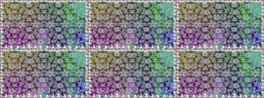 İşlemeli çiçekli, dikişsiz desen. Renkli grunge soyut arkaplanı kologri çiçeklerle süslüyor. İzler, kumaş, duvar kağıtları, tekstil için raster dokusu.