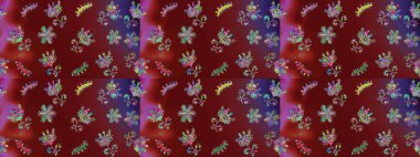 Çiçekli, suluboya desenli kusursuz çiçek deseni. Kırmızı, kahverengi ve mor renkte çiçekler. Renkli Bahar Temalı Kusursuz Arkaplan. Düz Çiçek Elementleri Tasarımı. Raster illüstrasyonu.