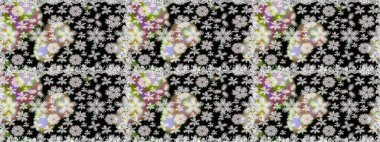 Çiçekli ipek eşarp. 1950-1960 motifleri. Siyah ve nötr, siyah ve nötr. El çizimi çiçek unsurları olan soyut, dikişsiz raster deseni. Retro tekstil tasarım koleksiyonu.